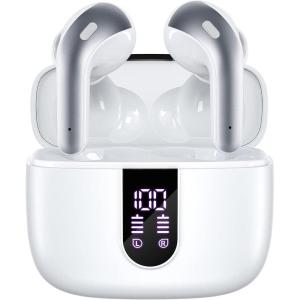 imageTAGRY Bluetooth Headphones True Wireless Earbuds 60H Playback LED Power Display Earphones with Wireless Charging Case IPX5 Waterproof inEar Ear buds with Mic for TV Smart Phone Laptop Computer SportsWhite